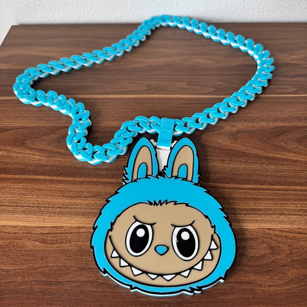 Labubu Monster 3D Printed Chain Necklace – Blue | Designer